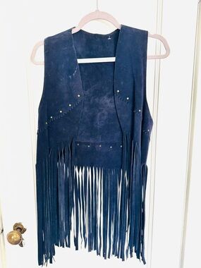 Vintage 80’s Navy Suede Fringe Vest with Stud Accents
